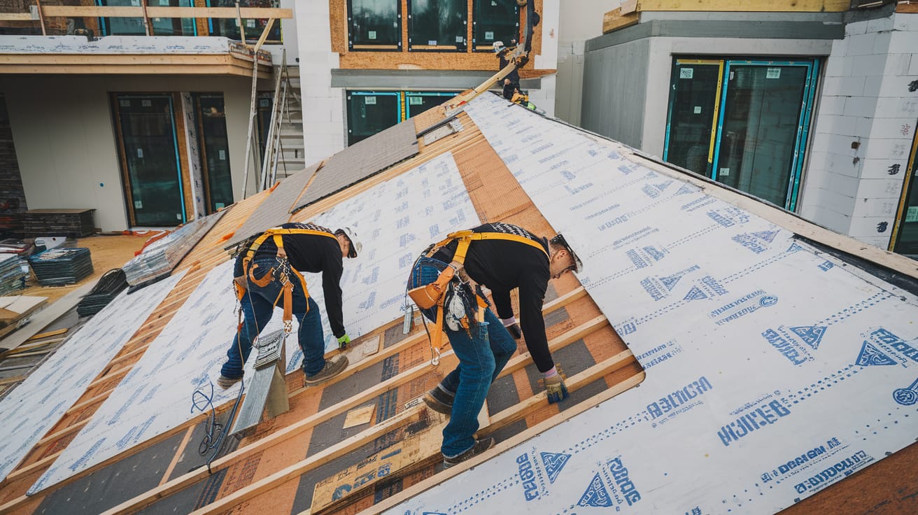 Side-by-side comparison of roofing materials showing composition shingles, tile, and metal with price tags