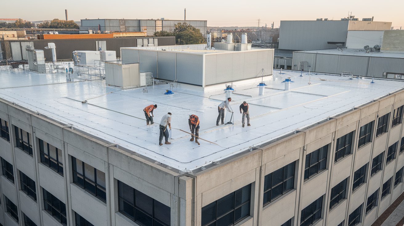 Commercial flat roof installation - TPO membrane roofing for businesses