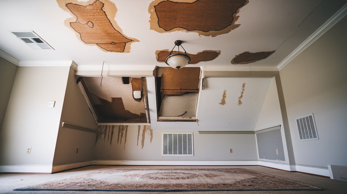 Roof Leak Water Damage Interior ceiling water damage from roof leak - Emergency repair needed