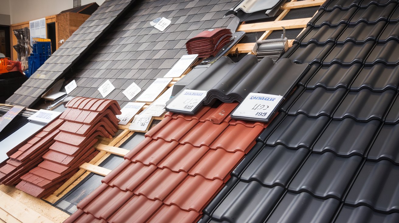 Roofing Material Options Various roofing material samples with price tags - Shingles, tile, metal options