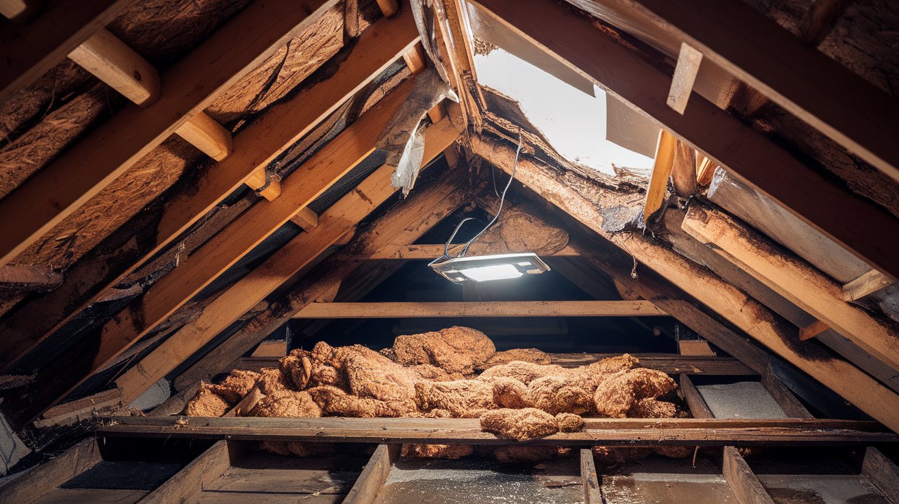Structural Damage Costs Structural damage in attic from long-term roof leaks - Costly repairs needed